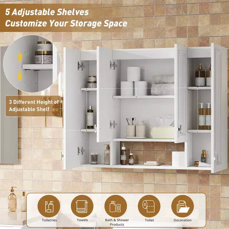 Mobiletto da Bagno Moderno con 5 Ripiani Regolabili, Armadietto a Muro, Cerniere Ammortizzate e Design a Giorno, Bianco