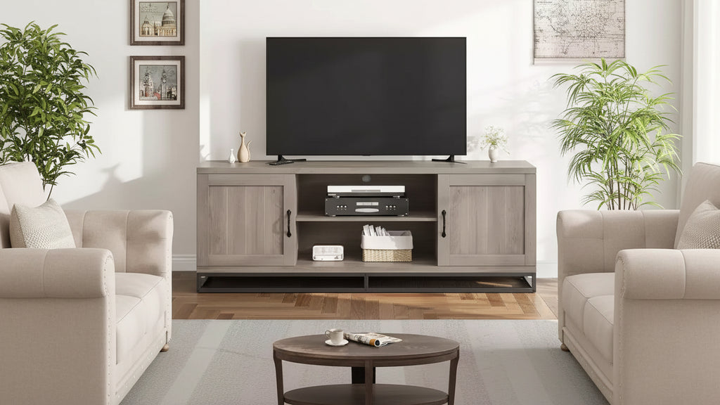   TV Stand for Living Room, 2-Tier Adjustable Shelves, Metal Base, Media Console for 75 Inch TV, Gray