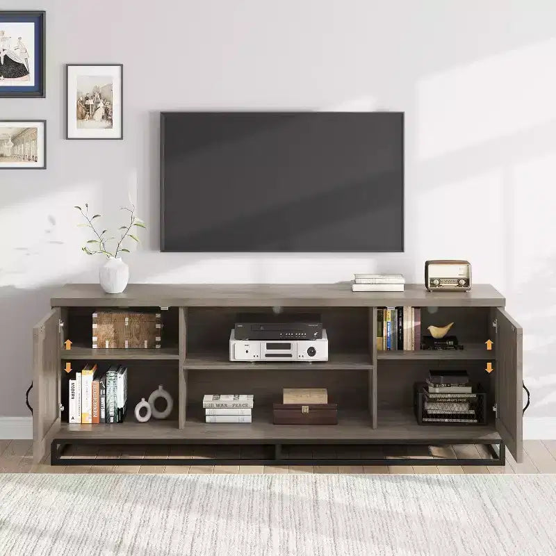 Mobile TV per soggiorno, ripiani regolabili a 2 livelli, base in metallo, console multimediale per TV da 75 pollici, grigio