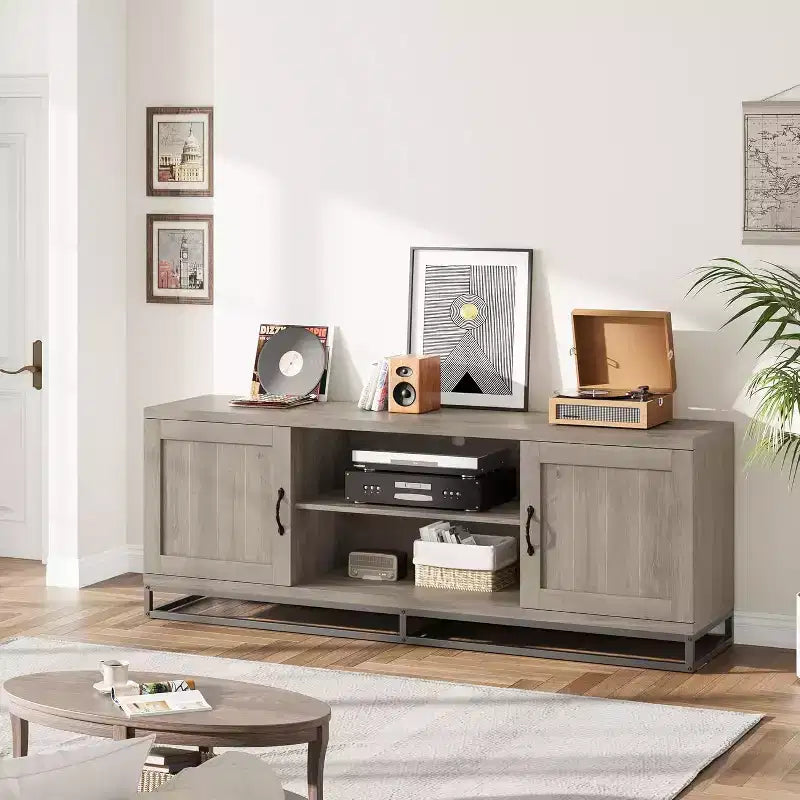 Mobile TV per soggiorno, ripiani regolabili a 2 livelli, base in metallo, console multimediale per TV da 75 pollici, grigio