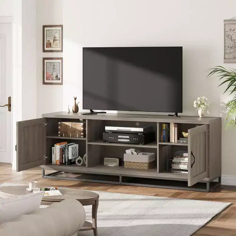 Mobile TV per soggiorno, ripiani regolabili a 2 livelli, base in metallo, console multimediale per TV da 75 pollici, grigio