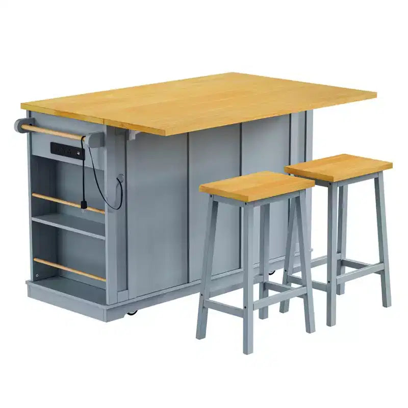  50 Kitchen Island With 2 Bar Stools, Drop Leaf, Power Outlet, Open Racks and Drawers on Wheels