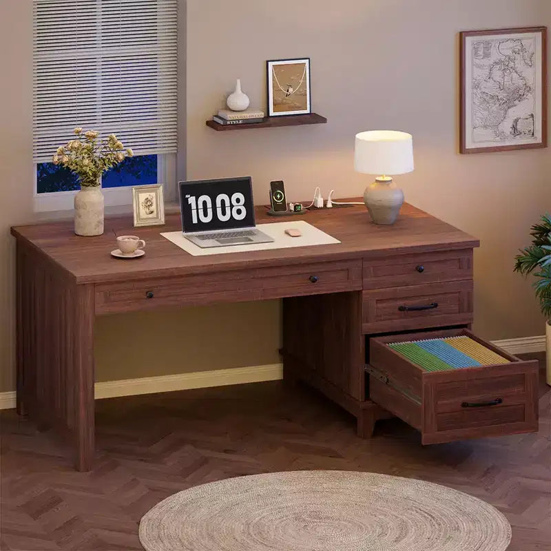 Scrivania direzionale con cassetti, Scrivania per ufficio a casa con stazione di ricarica, Scrivania per computer in legno da 136 cm con schedario