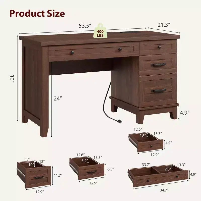 Scrivania direzionale con cassetti, Scrivania per ufficio a casa con stazione di ricarica, Scrivania per computer in legno da 136 cm con schedario