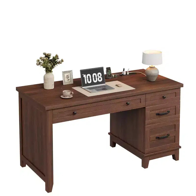 Scrivania direzionale con cassetti, Scrivania per ufficio a casa con stazione di ricarica, Scrivania per computer in legno da 136 cm con schedario