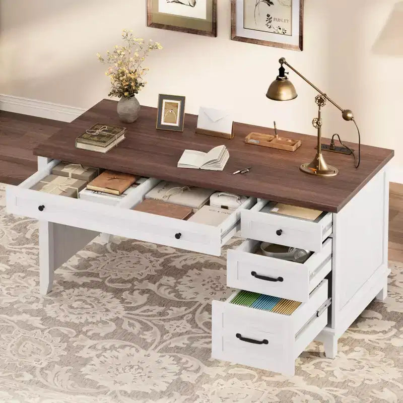 Scrivania direzionale con cassetti, Scrivania per ufficio a casa con stazione di ricarica, Scrivania per computer in legno da 136 cm con schedario