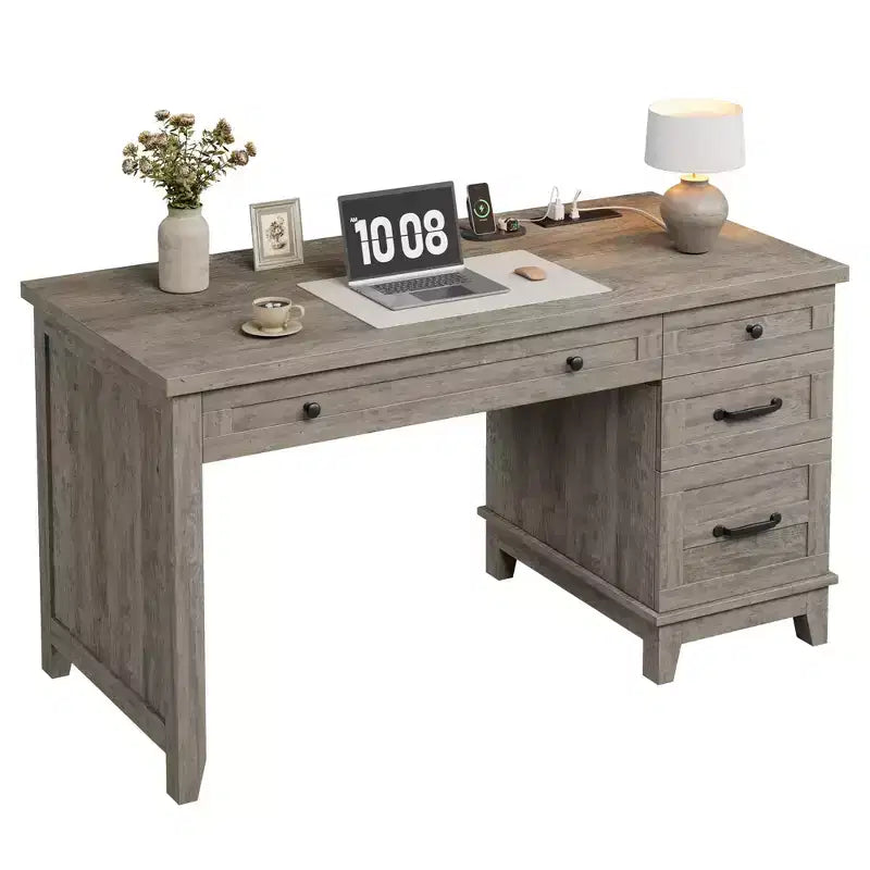 Scrivania direzionale con cassetti, Scrivania per ufficio a casa con stazione di ricarica, Scrivania per computer in legno da 136 cm con schedario