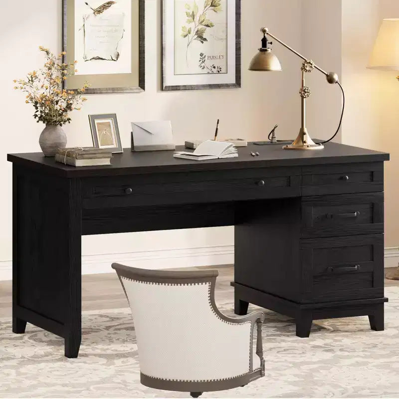 Executive Desk with Drawers,  Home Office Desk with Charging Station, 53.54 in Wooden Computer Desk with File Cabinet Storage