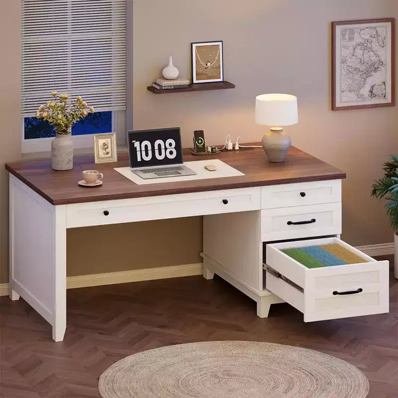 Scrivania direzionale con cassetti, Scrivania per ufficio a casa con stazione di ricarica, Scrivania per computer in legno da 136 cm con schedario