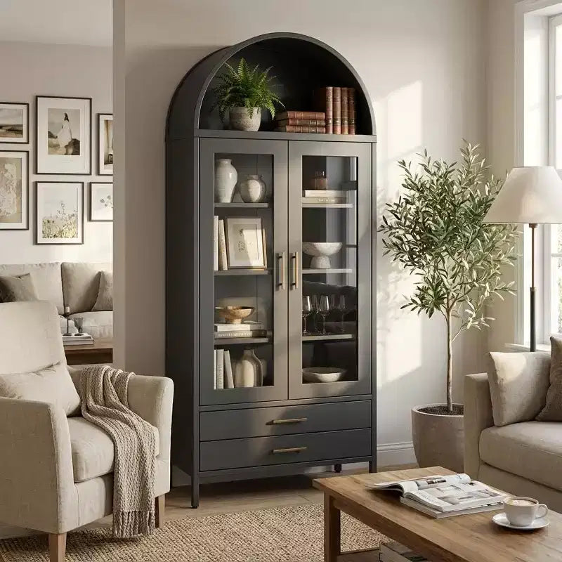 Pensile ad arco per dispensa da 55" con ante in vetro - 2 cassetti e ripiani regolabili per cucina o soggiorno