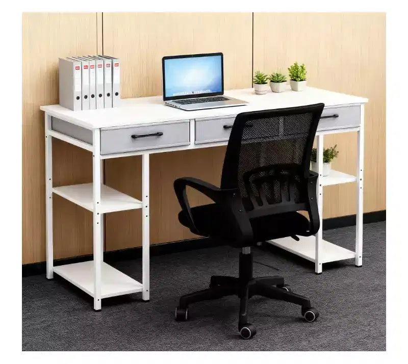 Scrivania per computer da 120 cm, scrivania da ufficio con 3 cassetti in tessuto, 2 ripiani regolabili, telaio in acciaio, scrivania per ufficio domestico, studio, camera da letto