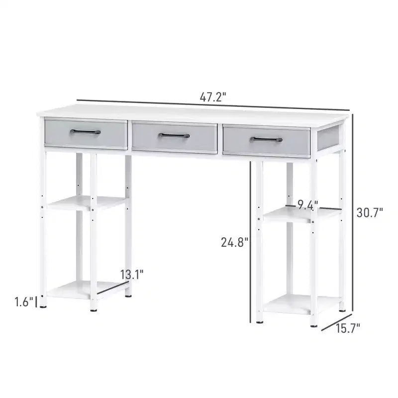 Scrivania per computer da 120 cm, scrivania da ufficio con 3 cassetti in tessuto, 2 ripiani regolabili, telaio in acciaio, scrivania per ufficio domestico, studio, camera da letto