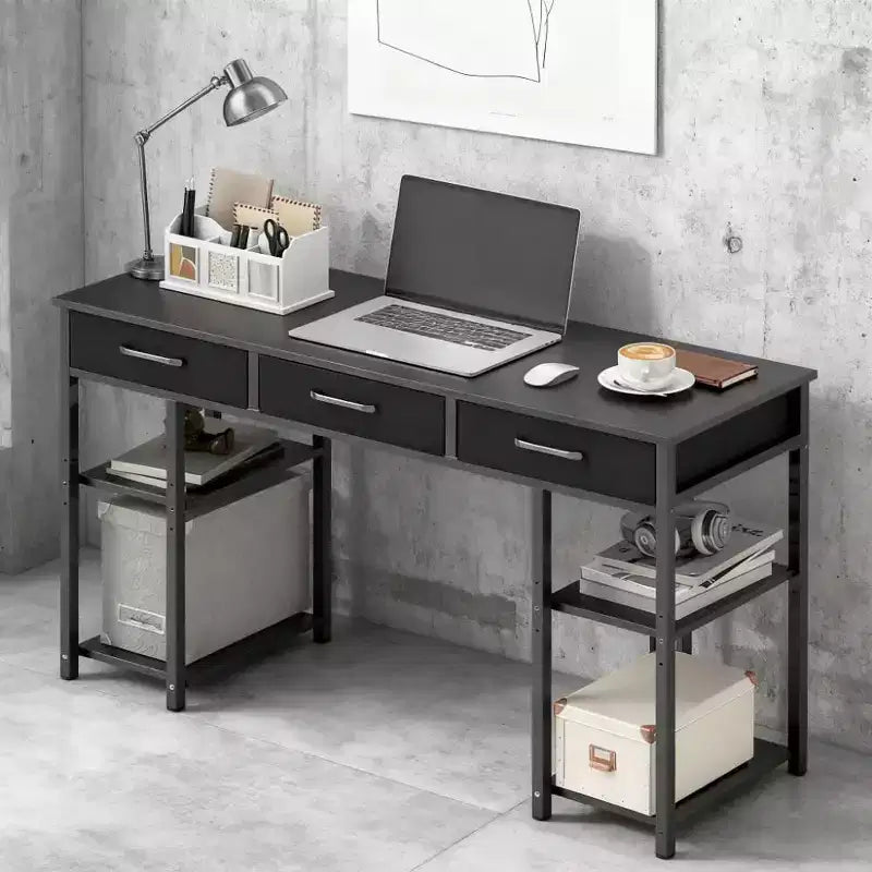 Scrivania per computer da 120 cm, scrivania da ufficio con 3 cassetti in tessuto, 2 ripiani regolabili, telaio in acciaio, scrivania per ufficio domestico, studio, camera da letto