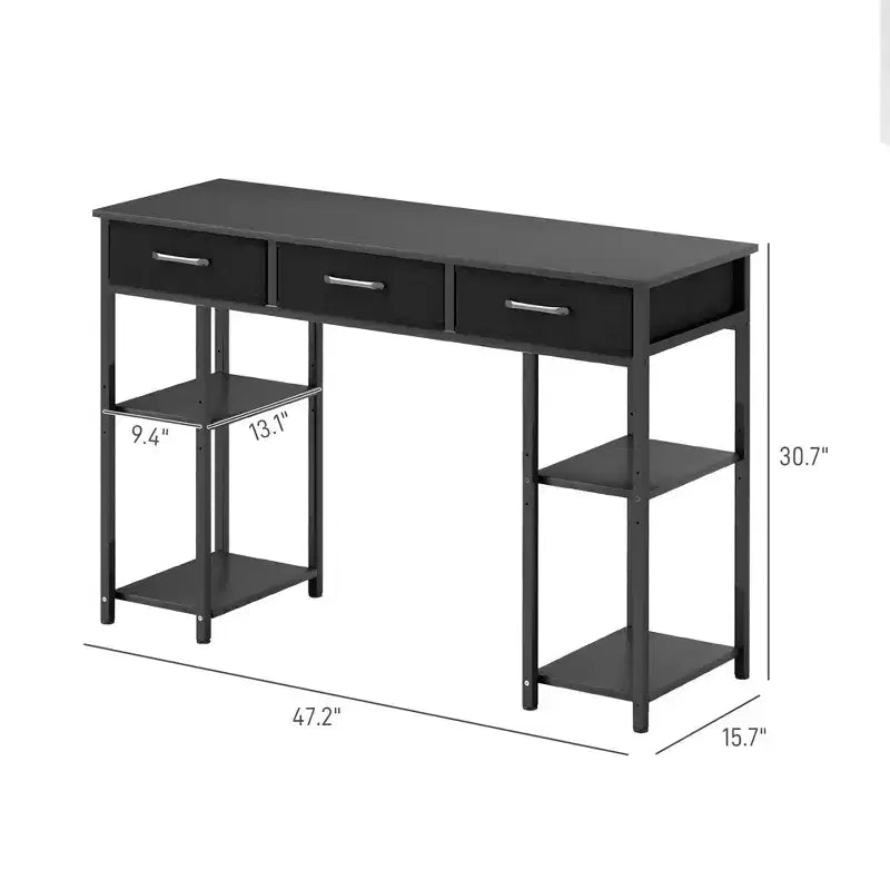 Scrivania per computer da 120 cm, scrivania da ufficio con 3 cassetti in tessuto, 2 ripiani regolabili, telaio in acciaio, scrivania per ufficio domestico, studio, camera da letto