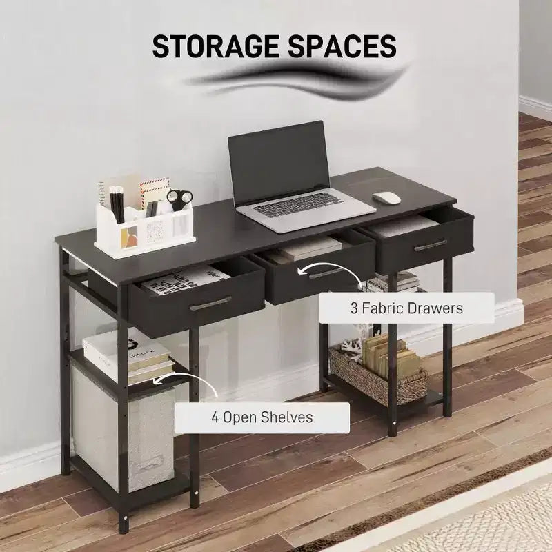 Scrivania per computer da 120 cm, scrivania da ufficio con 3 cassetti in tessuto, 2 ripiani regolabili, telaio in acciaio, scrivania per ufficio domestico, studio, camera da letto