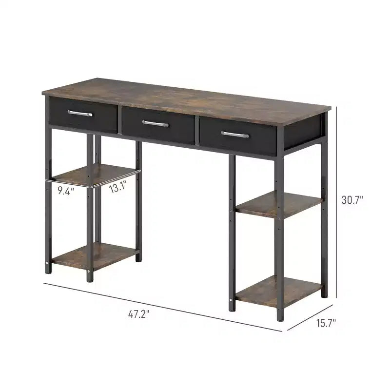 Scrivania per computer da 120 cm, scrivania da ufficio con 3 cassetti in tessuto, 2 ripiani regolabili, telaio in acciaio, scrivania per ufficio domestico, studio, camera da letto