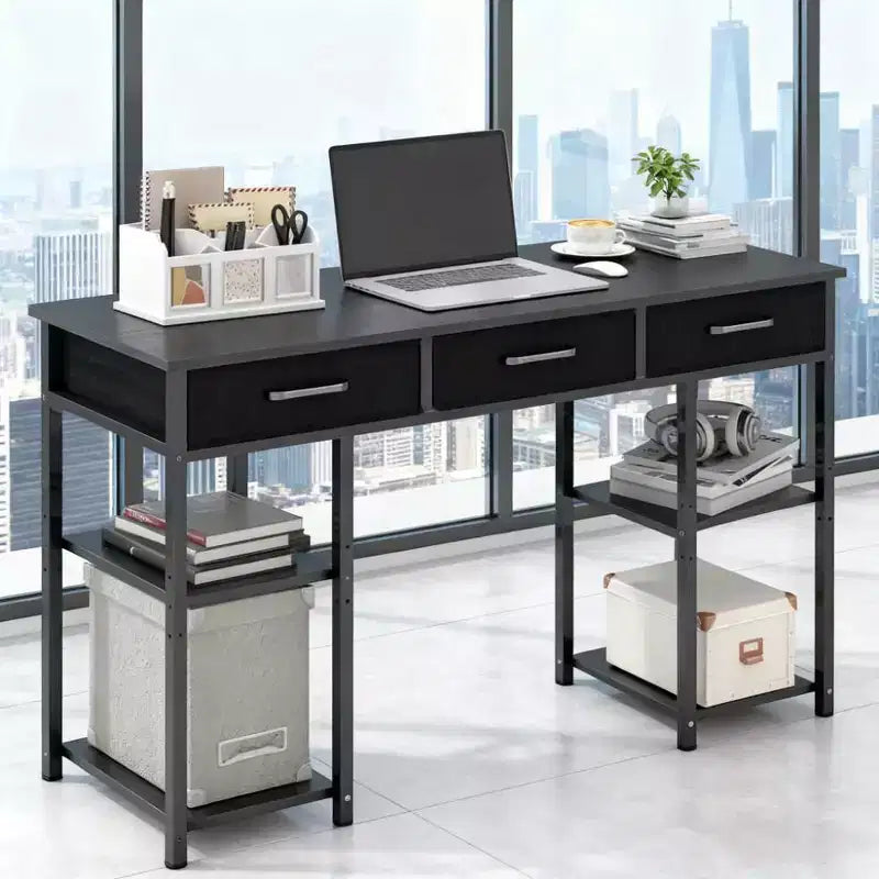 Scrivania per computer da 120 cm, scrivania da ufficio con 3 cassetti in tessuto, 2 ripiani regolabili, telaio in acciaio, scrivania per ufficio domestico, studio, camera da letto