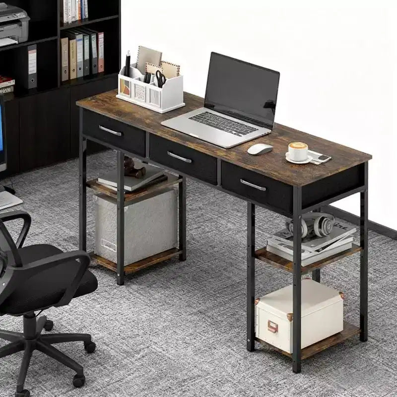 Scrivania per computer da 120 cm, scrivania da ufficio con 3 cassetti in tessuto, 2 ripiani regolabili, telaio in acciaio, scrivania per ufficio domestico, studio, camera da letto