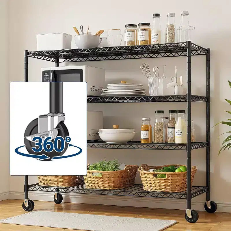 Scaffalatura in Filo Metallico Resistente a 4 Ripiani con Ruote, 61P x 142L x 191A cm, Capacità 998 kg, Ripiano Regolabile in Metallo per Stoccaggio, Scaffali Industriali