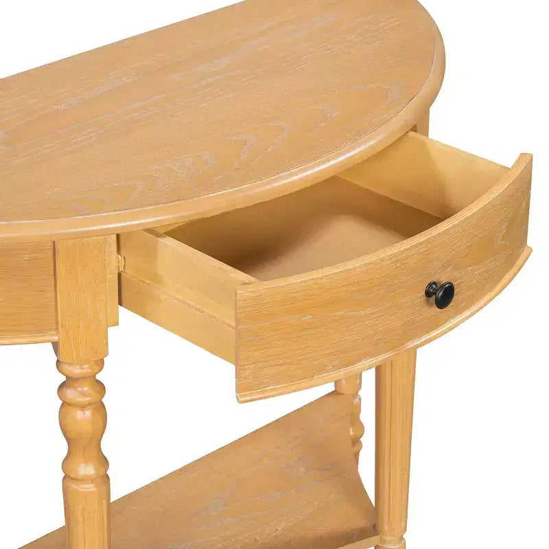 Tavolino a consolle a mezza luna, tavolino rustico, tavolino da divano per ingresso con cassetto e ripiano