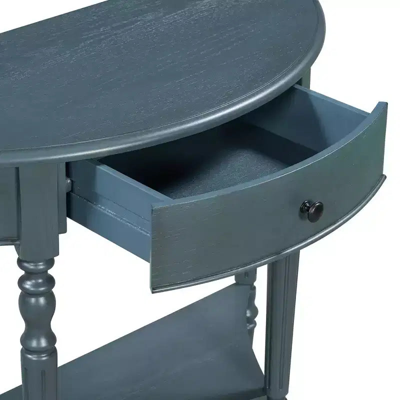 Tavolino a consolle a mezza luna, tavolino rustico, tavolino da divano per ingresso con cassetto e ripiano
