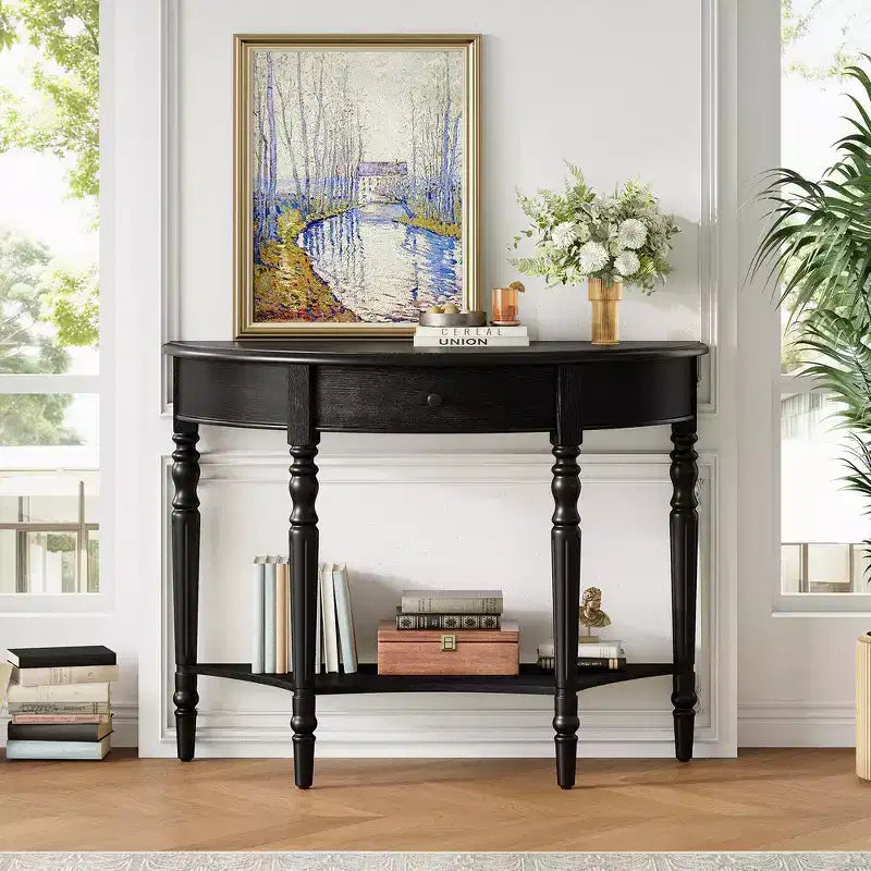   Half Moon Console Table, Rustic Accent Table, Sofa Table for Entryway with Drawer & Shelf