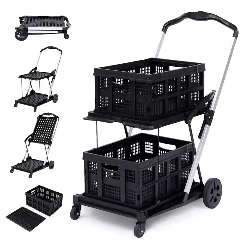  2 Layer Folding Shopping Cart with 360 Swivel Wheels and Storage Crate, Black