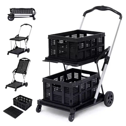  2 Layer Folding Shopping Cart with 360 Swivel Wheels and Storage Crate, Black