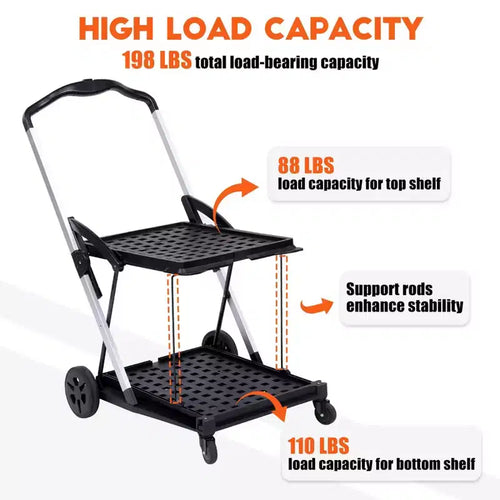 Carrello della spesa pieghevole a 2 strati con ruote girevoli a 360° e cassa portaoggetti, nero