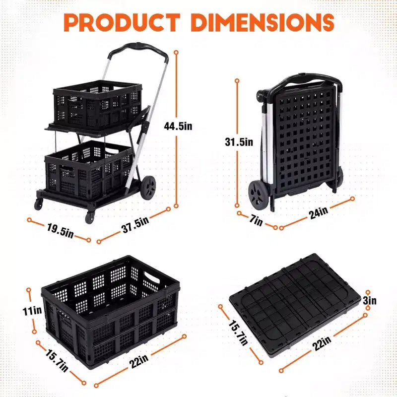 Carrello della spesa pieghevole a 2 strati con ruote girevoli a 360° e cassa portaoggetti, nero