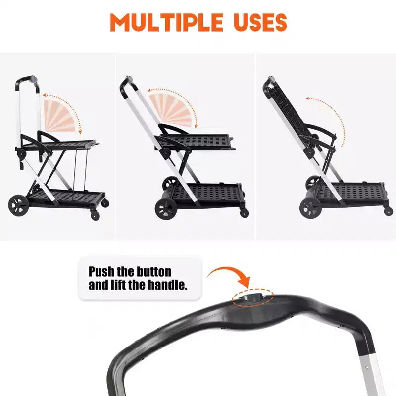 Carrello della spesa pieghevole a 2 strati con ruote girevoli a 360° e cassa portaoggetti, nero