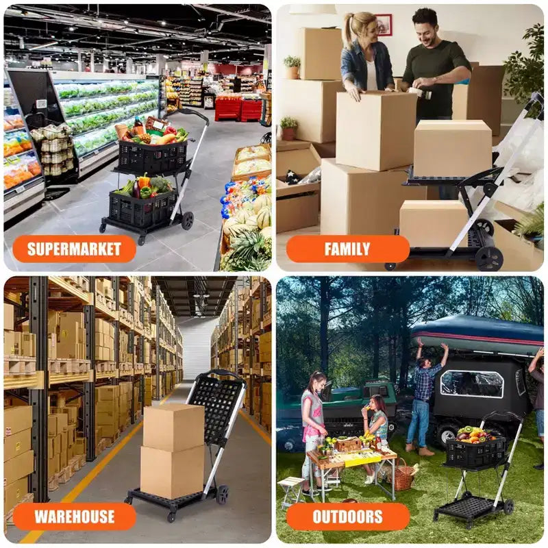 Carrello della spesa pieghevole a 2 strati con ruote girevoli a 360° e cassa portaoggetti, nero