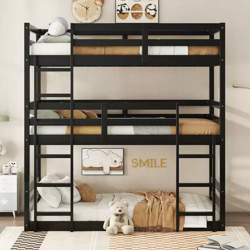  Twin over Twin over Twin Bunk Bed with Two Built-in Ladders and Guardrails,Detachable Triple Twin Rubber Wood Bunk Bed