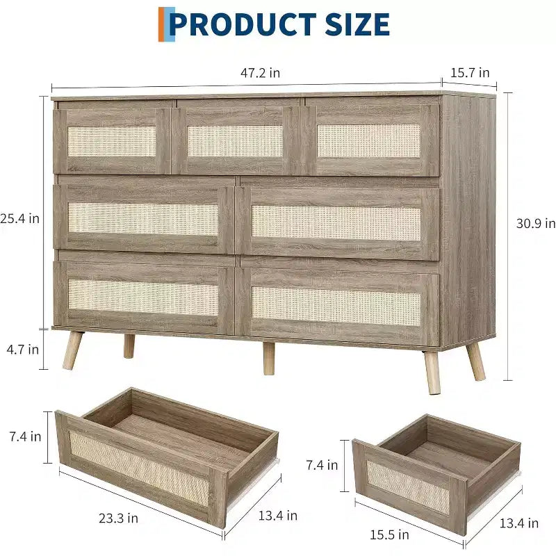 Cassettiere in Legno per Camera da Letto con 7 Cassetti, Ampia Cassettiera Moderna per Soggiorno, Corridoio, Cassettiere Armadio in Legno con Cassetti in Rattan