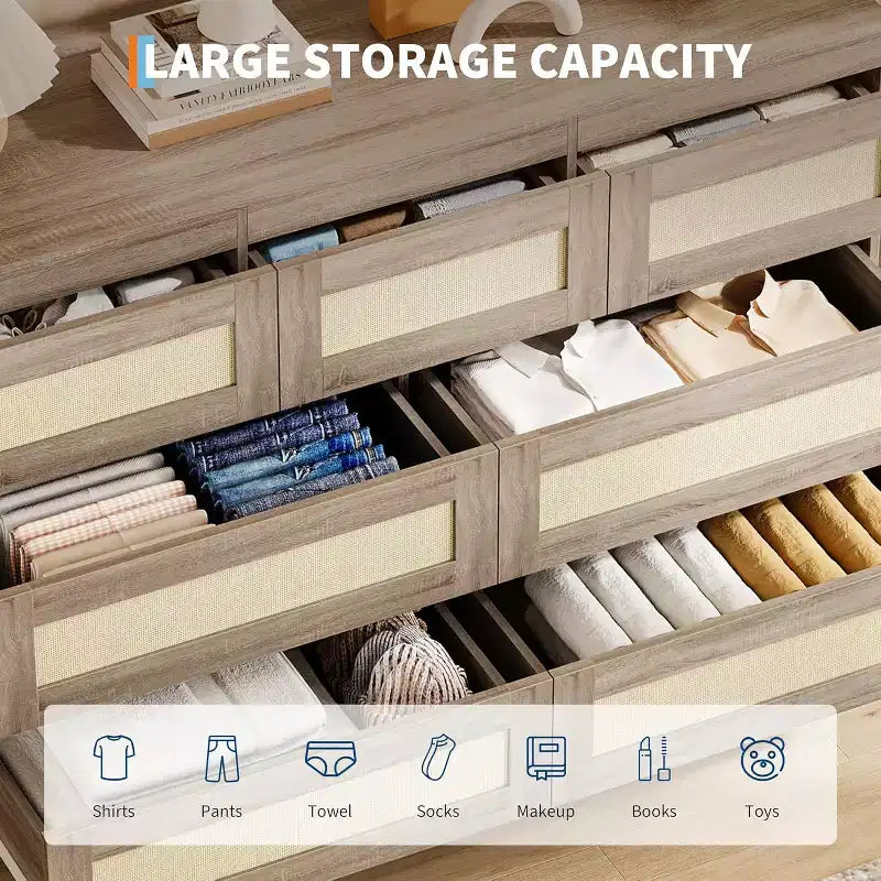 Cassettiere in Legno per Camera da Letto con 7 Cassetti, Ampia Cassettiera Moderna per Soggiorno, Corridoio, Cassettiere Armadio in Legno con Cassetti in Rattan