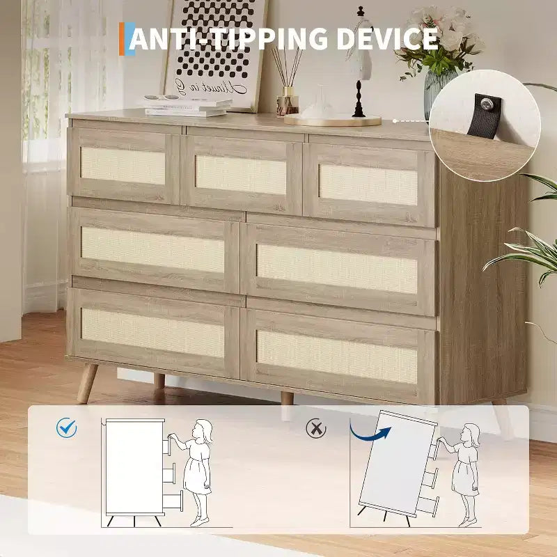 Cassettiere in Legno per Camera da Letto con 7 Cassetti, Ampia Cassettiera Moderna per Soggiorno, Corridoio, Cassettiere Armadio in Legno con Cassetti in Rattan