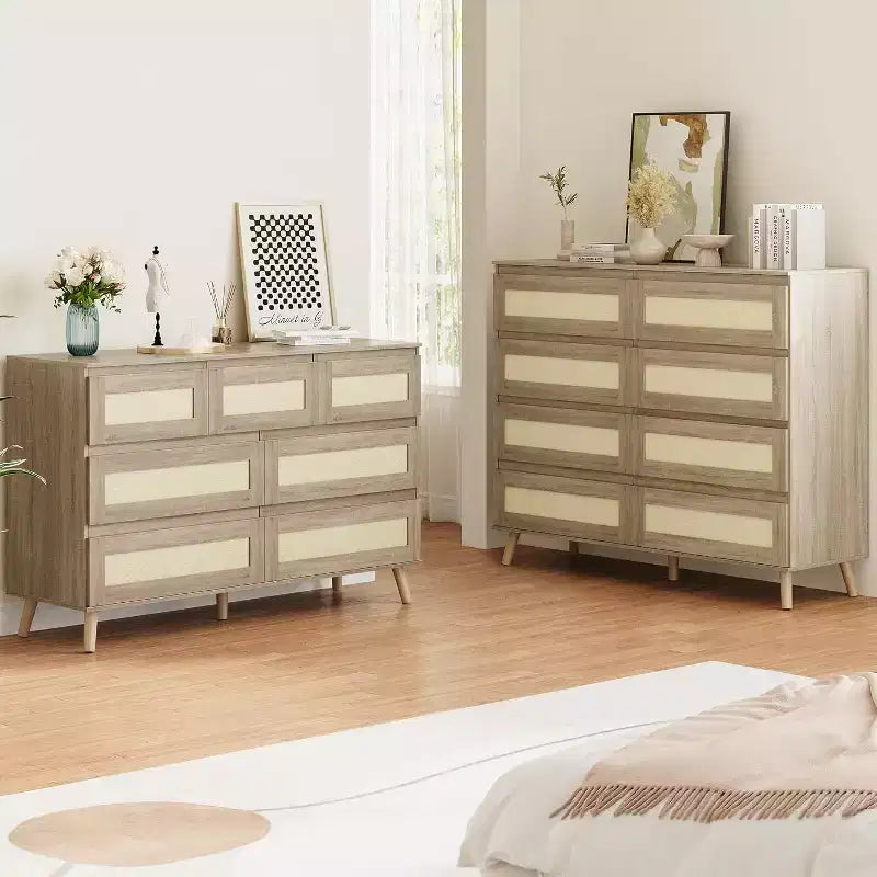 Cassettiere in Legno per Camera da Letto con 7 Cassetti, Ampia Cassettiera Moderna per Soggiorno, Corridoio, Cassettiere Armadio in Legno con Cassetti in Rattan