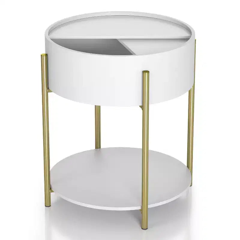  20" Modern Round Storage End Table White - : Iron Frame, Open & Fixed Shelves, Smooth Finish
