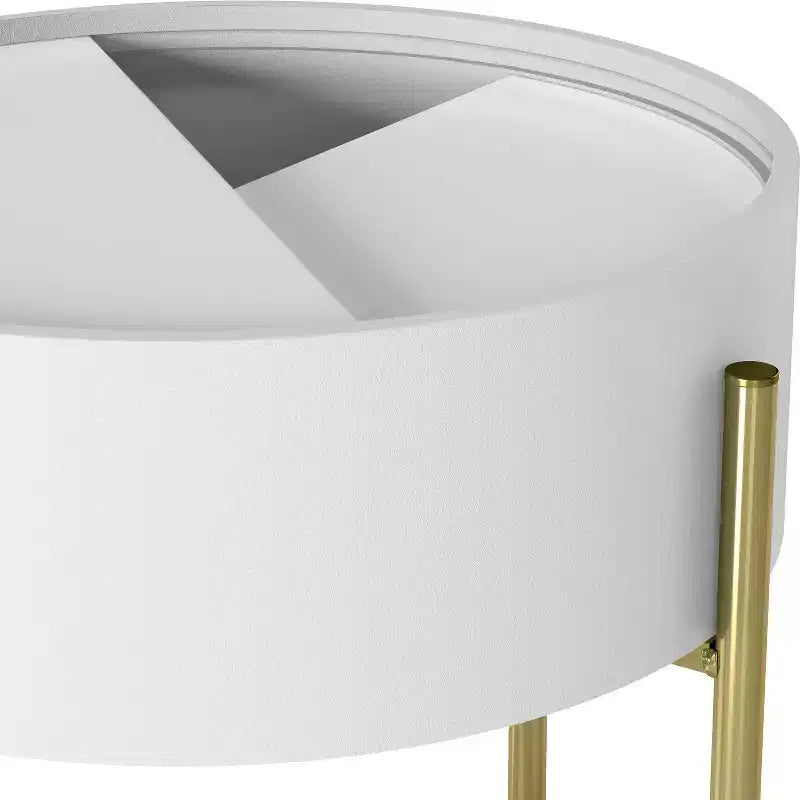 Tavolino rotondo moderno da 50 cm con contenitore, bianco, telaio in ferro, ripiani aperti e fissi, finitura liscia