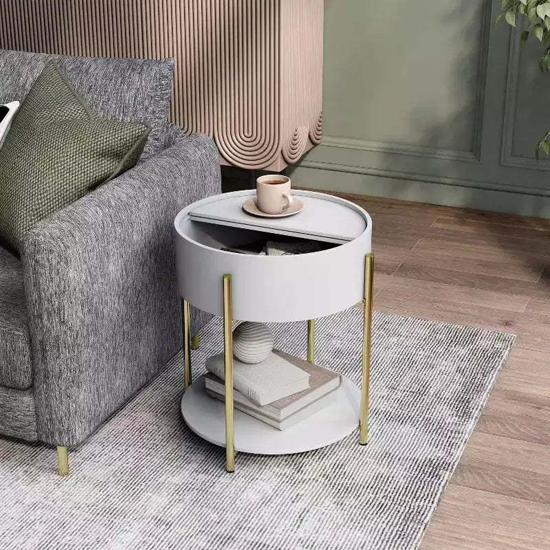 Tavolino rotondo moderno da 50 cm con contenitore, bianco, telaio in ferro, ripiani aperti e fissi, finitura liscia