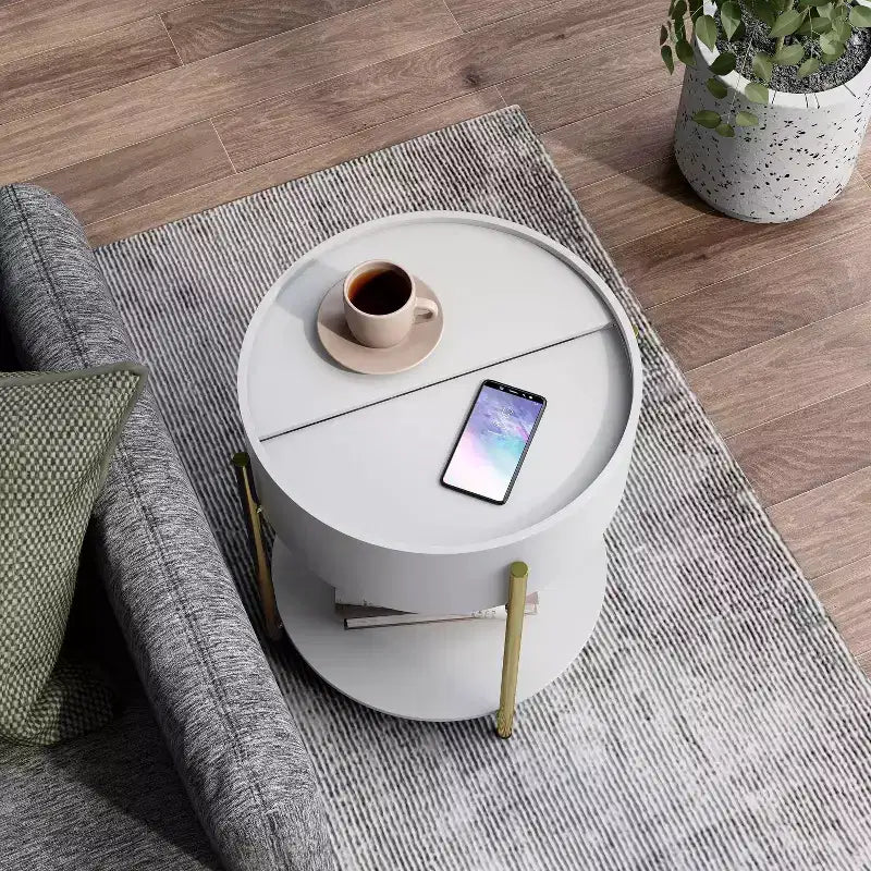 Tavolino rotondo moderno da 50 cm con contenitore, bianco, telaio in ferro, ripiani aperti e fissi, finitura liscia