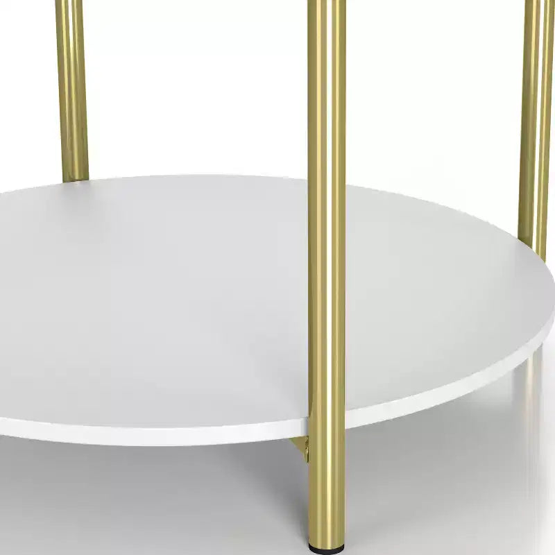 Tavolino rotondo moderno da 50 cm con contenitore, bianco, telaio in ferro, ripiani aperti e fissi, finitura liscia