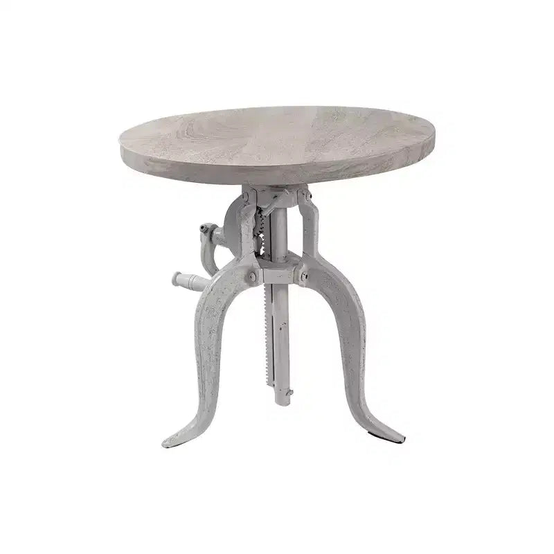   Adjustable Crank Accent Table Whitewash: Cast Iron Base, Mango Wood, 19"-28" H