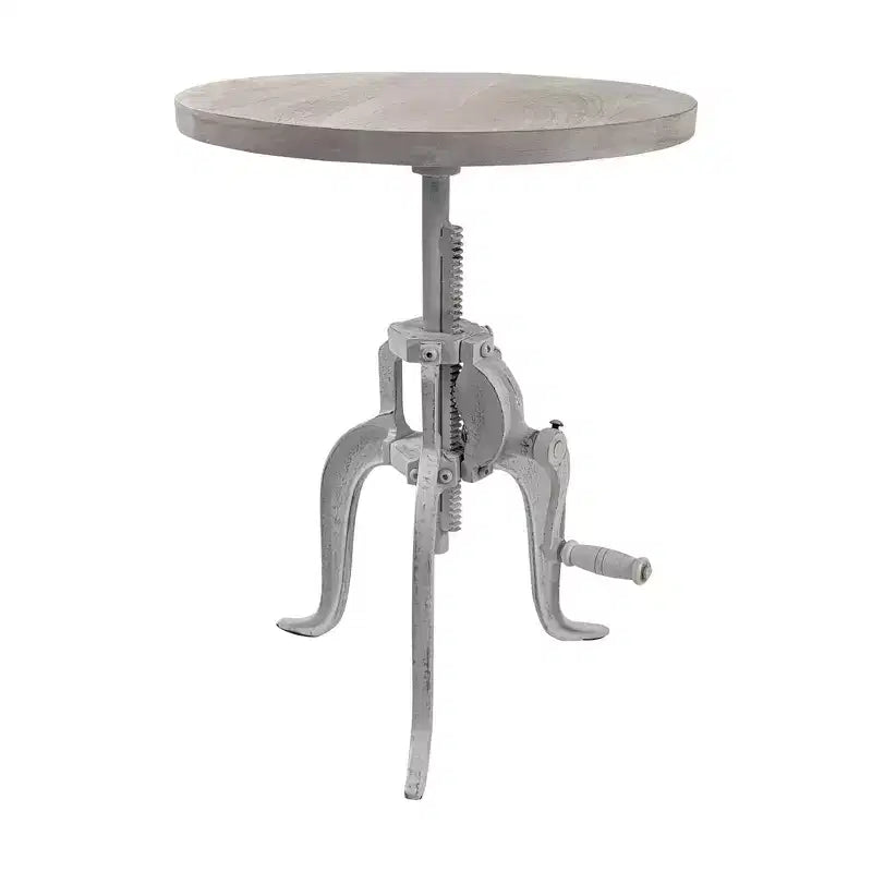 Tavolino accentato con manovella regolabile sbiancato: base in ghisa, legno di mango, H 48-71 cm