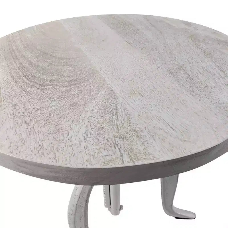 Tavolino accentato con manovella regolabile sbiancato: base in ghisa, legno di mango, H 48-71 cm
