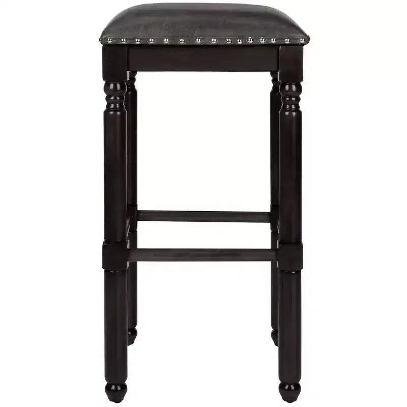 Sgabello da bar imbottito senza schienale da 76 cm con borchie e poggiapiedi, sedile in PU grigio, struttura in legno di gomma, capacità 125 kg