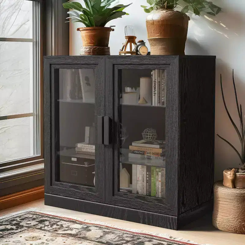  Wooden 3 Shelf Bookcase Cabinet Decorative Bookshelf with Glass Doors and Adjustable Partitions
