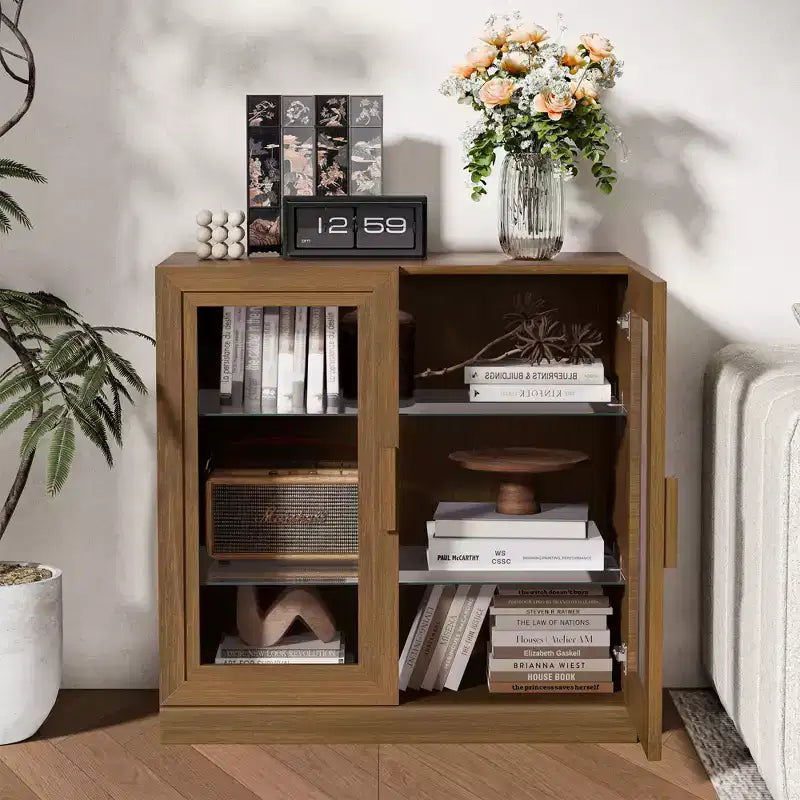 Libreria armadietto in legno a 3 ripiani con ante in vetro e ripiani regolabili
