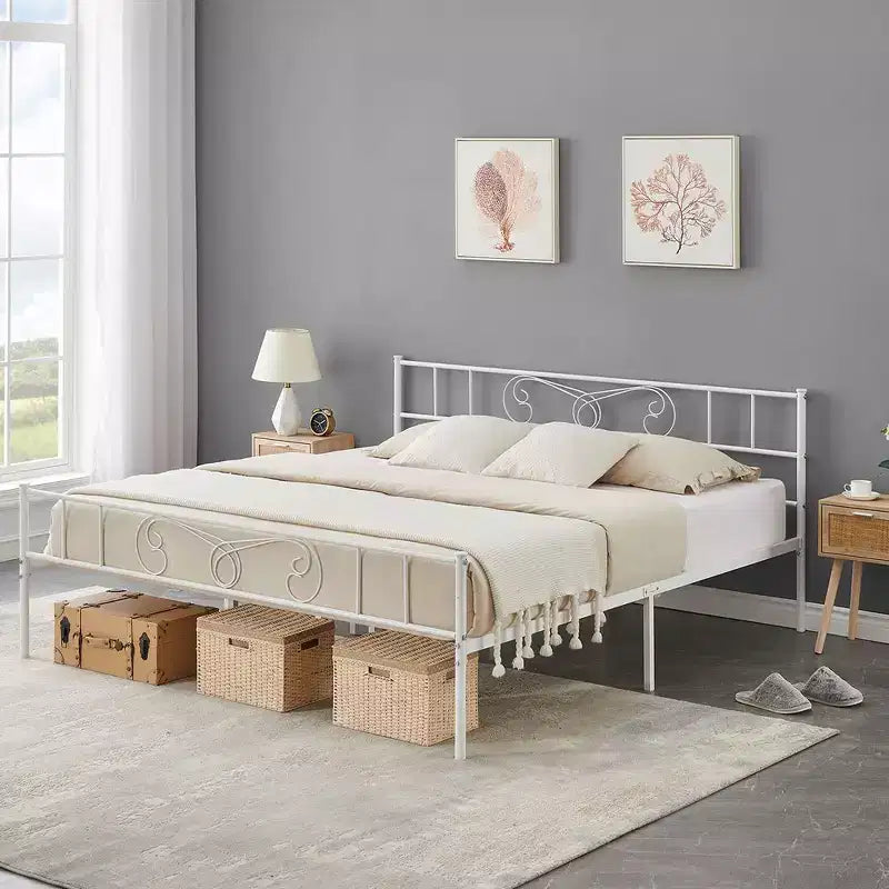  King Size Metal Platform Bed Frame with Headboard and Footboard, Steel Slat Support, Mattress Foundation, No Box Spring Needed, White
