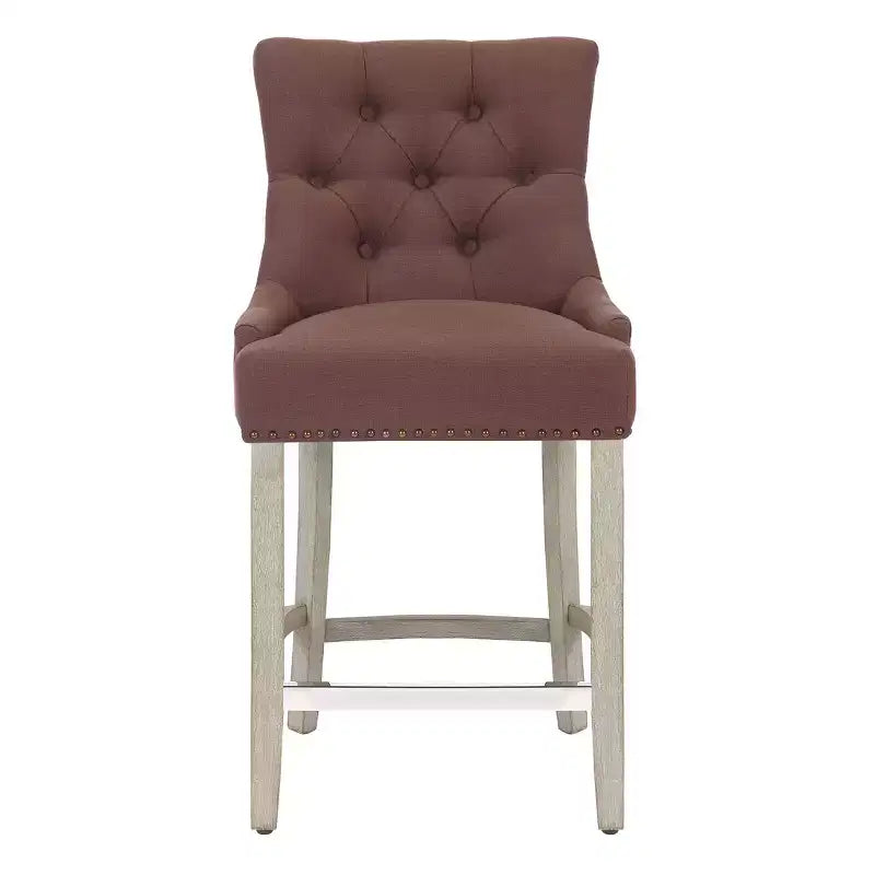  24 Linen Fabric Tufted Buttons Upholstered Wingback Counter Stool, Brown